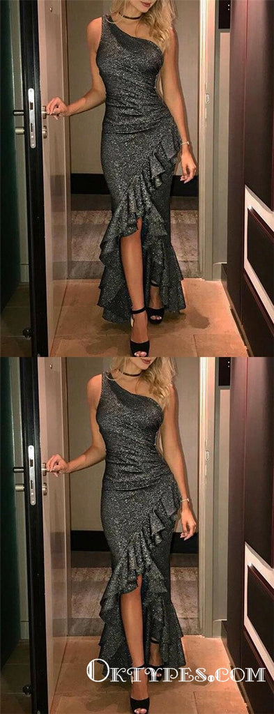 One Shoulder Grey Sequin Long Mermaid Evening Gowns Prom Dresses, TYP1679