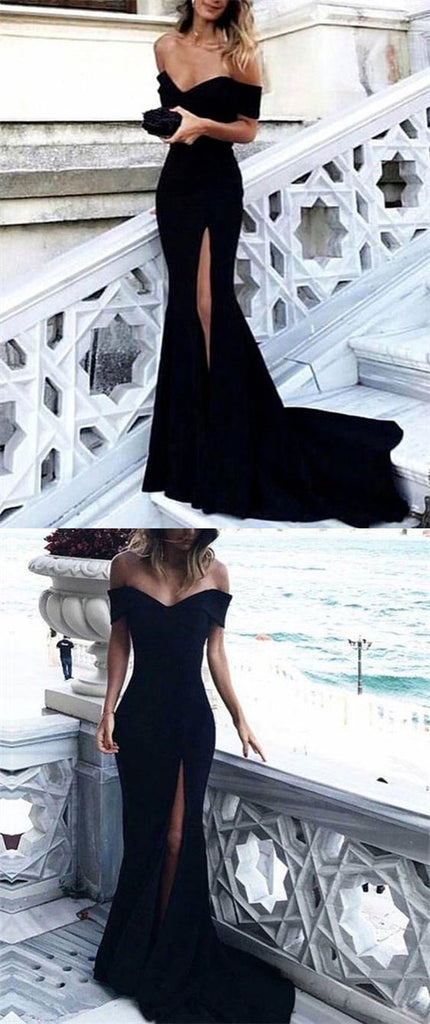 One Shoulder Mermaid Black Embroidery Pretty Long Prom Dresses, Cheap Prom Dresses, TYP0641