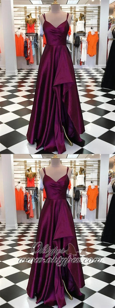 Charming Purple Simple Plum Satin Long Side Slit Prom Dresses, TYP1572