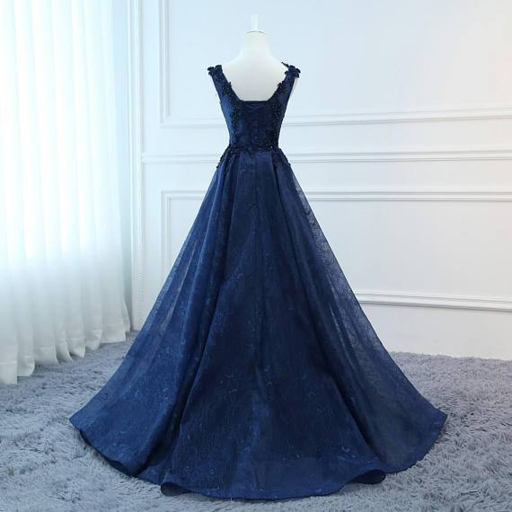 Most Popular V-neck A-line Lace Navy Blue Long Prom Dresses, TYP0113