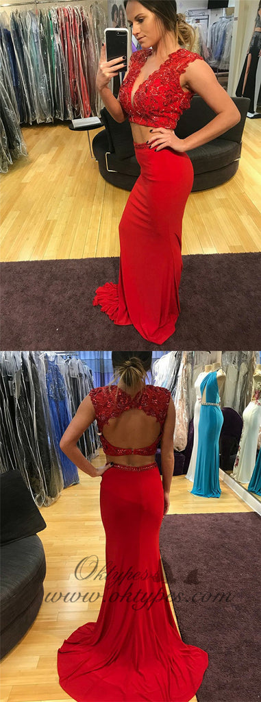 Two Piece V-Neck Open Back Red Jersey Prom Dress with Beading, TYP1338
