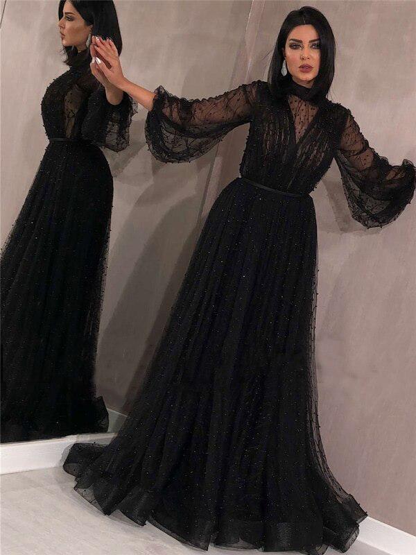 New Arrival Black High Neck Long Sleeves A-line Black Tulle Long Cheap Prom Dresses With Beaded, PDS0068