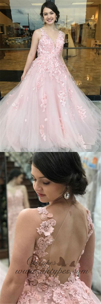 A-Line Deep V-Neck Long Cheap Pink Tulle Open Back Prom Dresses with Appliques, TYP1355