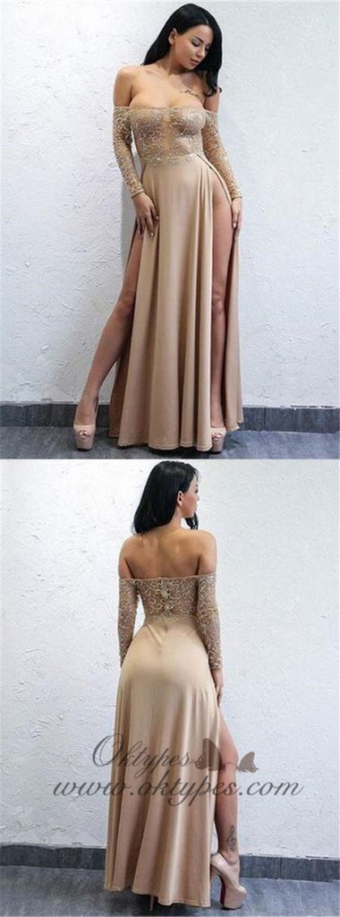 Sexy Long Sleeves Split Side Long Prom Dresses with Appliques, TYP1581