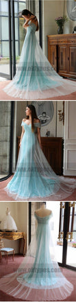 Off-shoulder Light Blue Evening Prom Dresses, Trendy Long Mermaid Lace Zipper Dresses, TYP0725