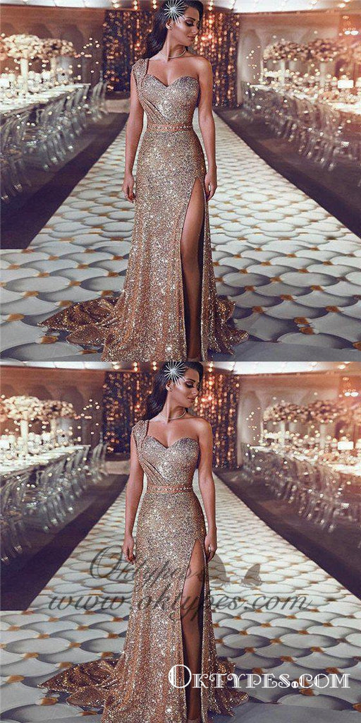 Sheath One-Shoulder Long Cheap Gold Sequined Prom Dresses with Split, TYP1347