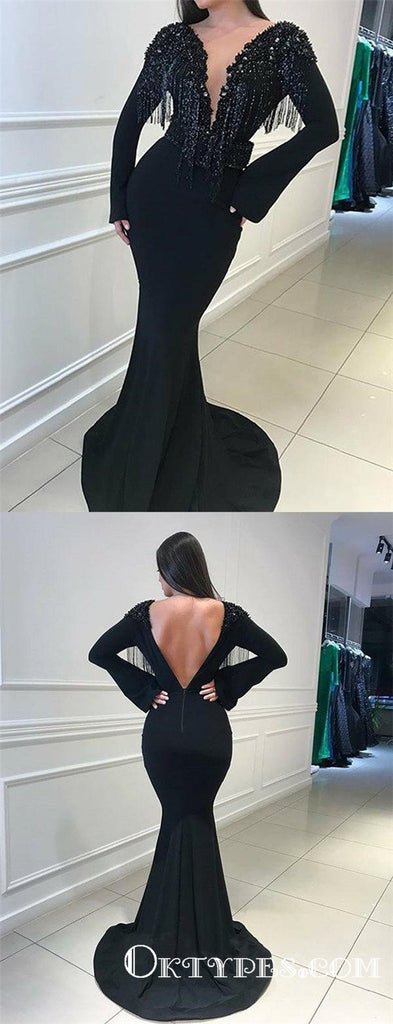 Black Long Sleeves Beading Long Mermaid Evening Gowns Backless Prom Dresses, TYP1695