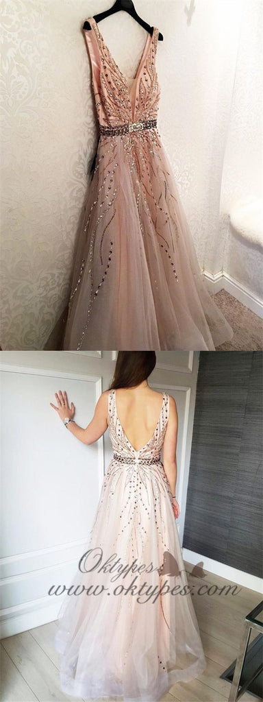 Gorgeous Unique Modest Fashion Young V-neck Neckline A-line Prom Dresses With Beads, TYP1192