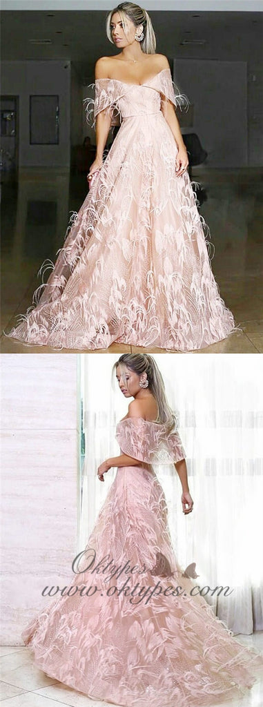 A-Line Off-the-Shoulder Sweep Train Pink Lace Prom Dresses with Feather, TYP1509