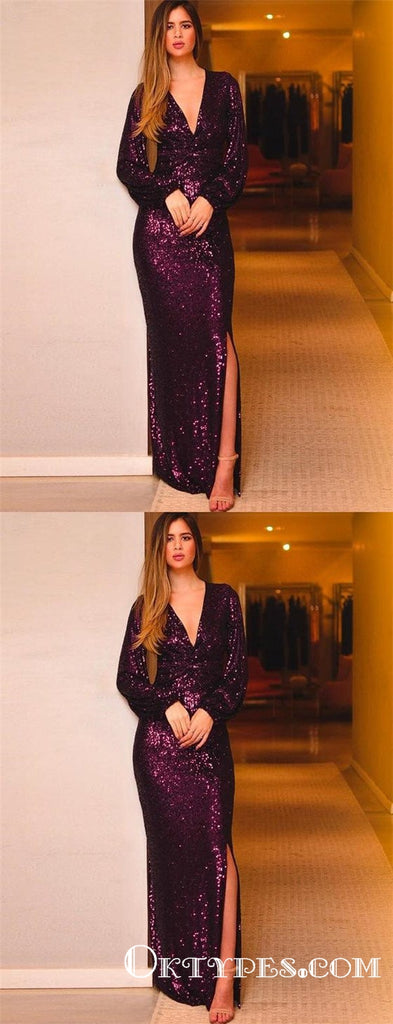 Burgundy Sequin Long Sleeves V Neck Evening Party Dresses Prom Dresses, TYP1906