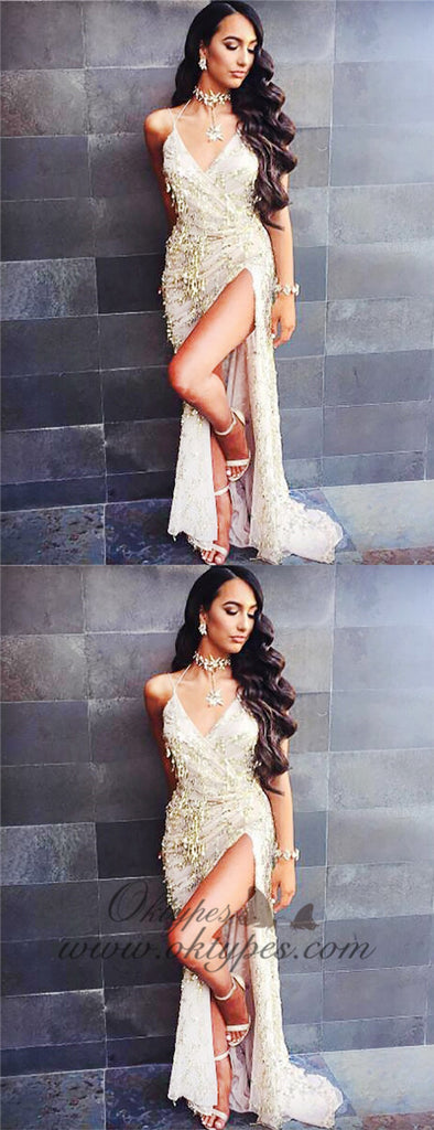 Sheath V-Neck Criss-Cross Straps Ivory Prom Dress with Beading Sequins, TYP1507