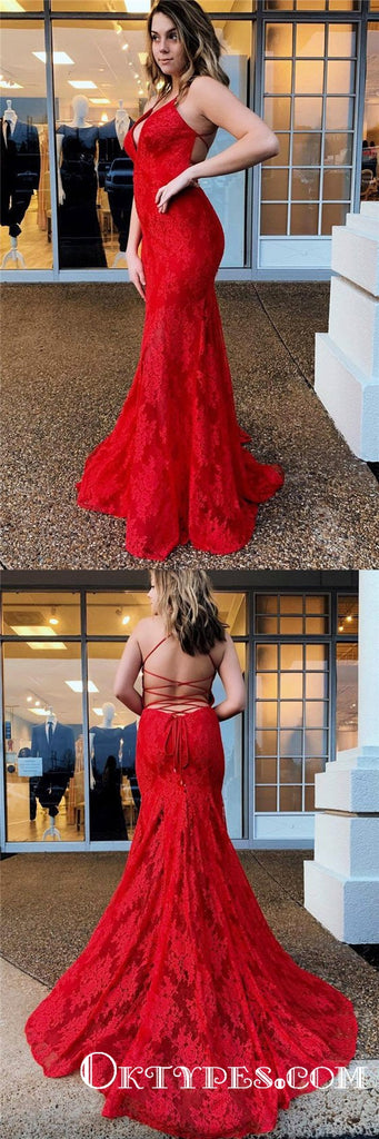 Spaghetti Straps Mermaid All Over lace Red Long Prom Dresses, TYP1900