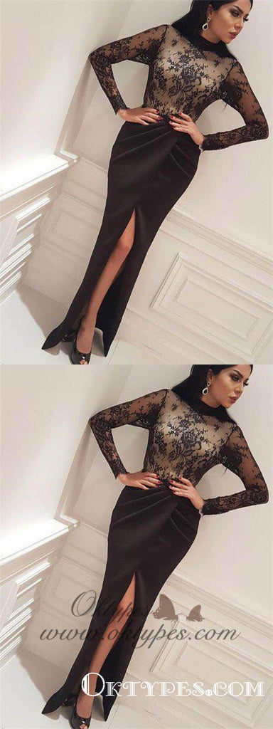 Sexy High Neck Long Sleeve Lace Long Prom Dresses With High Slit, TYP1612