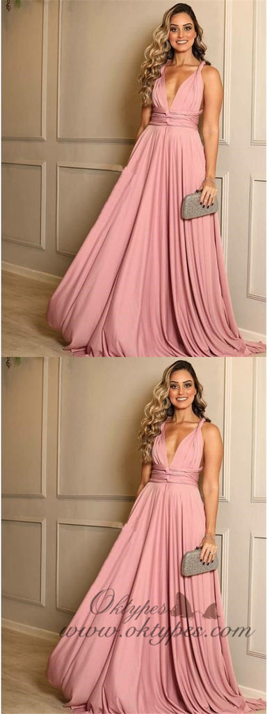 Charming Simple V-neck Pink Long Cheap Ruched Prom Dresses, TYP1597