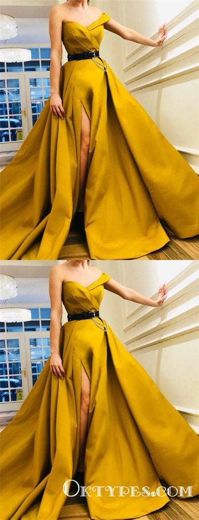 Hot Yellow  Long Off The Shoulder Split Belt Evening Gowns Prom Dresses, TYP1665
