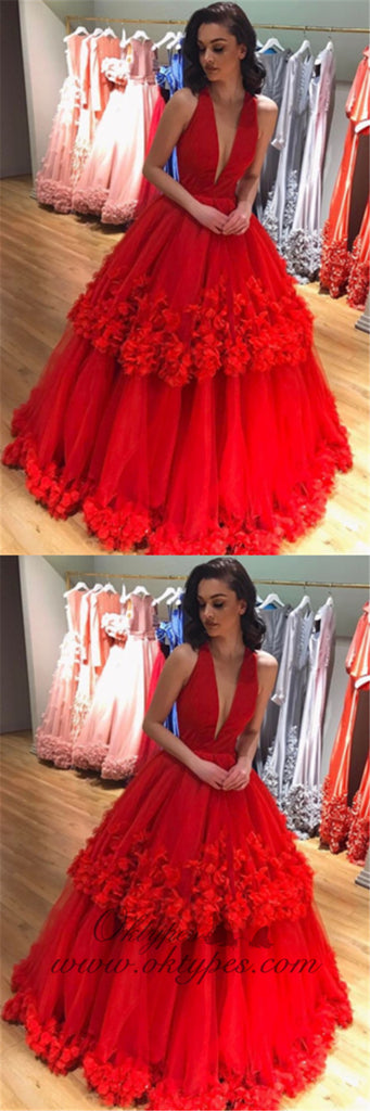 Red Charming Deep V-neck Ball Gown Tulle Long Cheap Prom Dresses, TYP1436