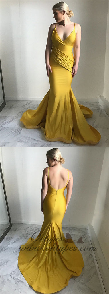 Mermaid Spaghetti Straps Long Cheap Ruched Yellow Satin Prom Dresses, TYP1337
