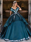 Ball Gown Off-The-Shoulder V-neck Satin Long Cheap Formal Prom Dresses With Applique, PDS0059