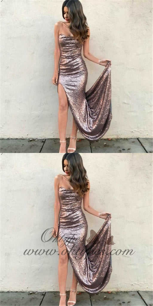 Sheath Strapless Long Cheap Rose Gold Sequined Prom Dresses with Slit, TYP1262