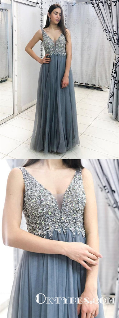 Sparkly V-neck Grey Tulle Long Cheap Prom Dresses With Beaded, TYP1632