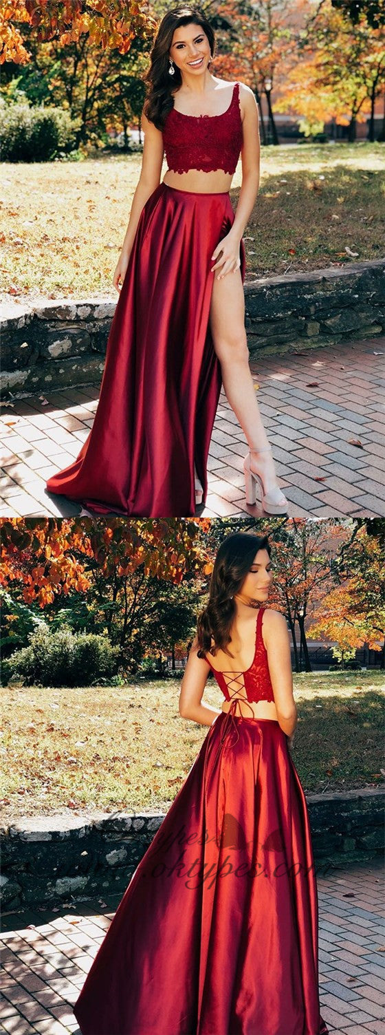 Two Pieces Scoop Sleeveless Burgundy Split Criss Cross Back Prom Dress –  Oktypes