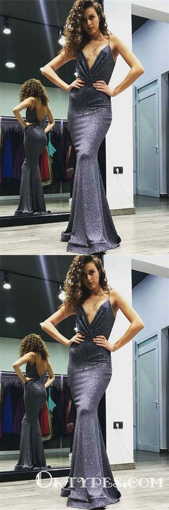 Mermaid Spaghetti Straps Backless Long Cheap Sequin Prom Dresses, TYP1814