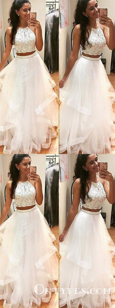 Two Piece Long A-Line Halter Sleeveless Beading Tulle Prom Dresses, TYP1127