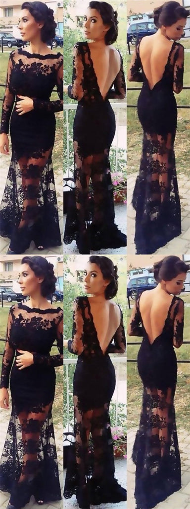 Black Scoop Long Sleeve V-back lace Cheap Prom Evening Dresses Online, TYP1130