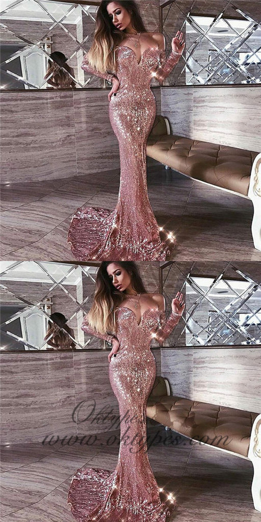 Mermaid Off-the-Shoulder Long Sleeves Rose Gold Sequin Prom Dresses, TYP1435