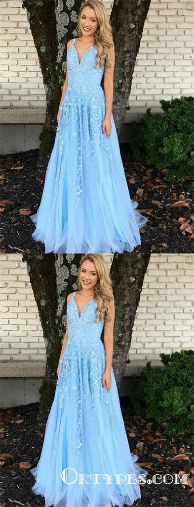 Elegant V Neck Blue Tulle Long Cheap Prom Dresses With Appliques, TYP1820
