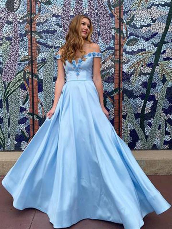 New Off-shoulder A-line Light Blue Satin Long Cheap Evening Dresses, P Oktypes New Off-shoulder A-line Light Blue Satin Long Cheap Evening Dresses, P Oktypes