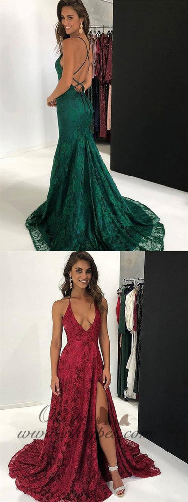 Long Lace Burgundy Formal Evening Gowns Spaghetti Strap Prom Dresses with Slit, TYP1229