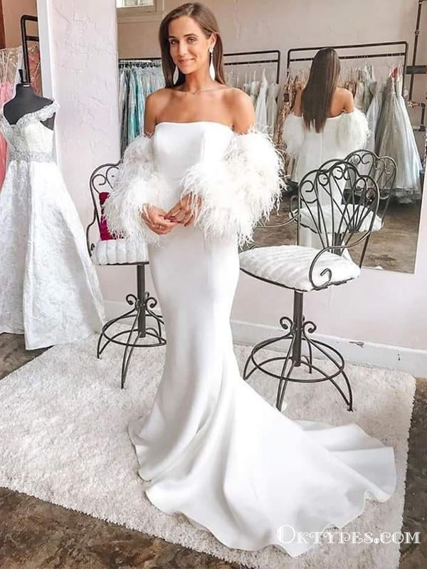 Eleagnt Off-The-Shoulder Long Sleeves Feathers Open Back Strapless White Sexy Mermaid Prom Dresses, PDS0049