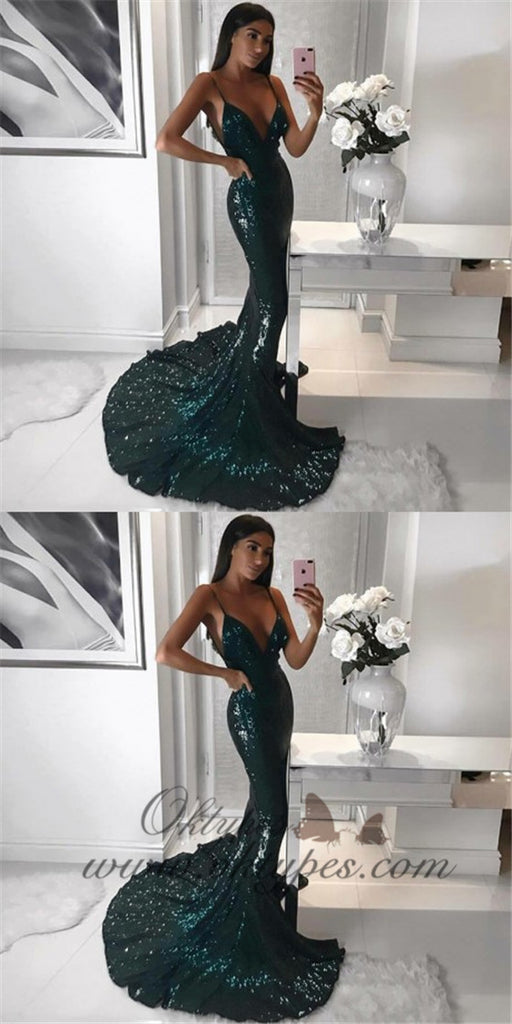 Mermaid Spaghetti Straps Long Cheap Dark Green Sequined Prom Dresses, TYP1273
