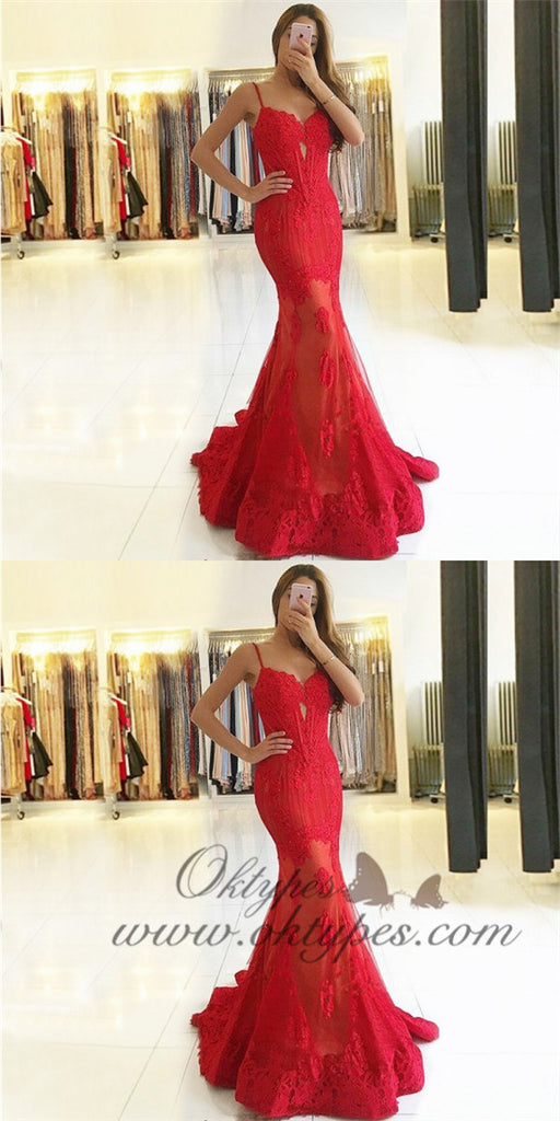 Mermaid Spaghetti Straps Sweep Train Red Tulle Prom Dresses with Lace&Beading, TYP1258