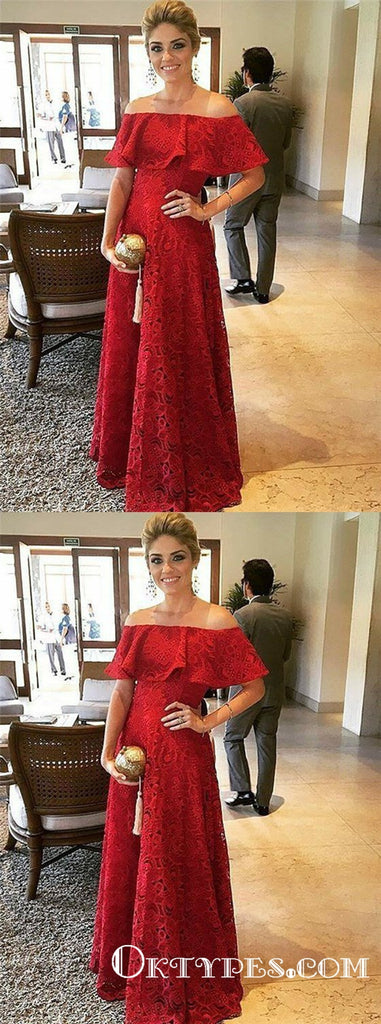 A-Line Off-the-Shoulder Red Lace Evening Prom Dresses with Ruffles, TYP1791