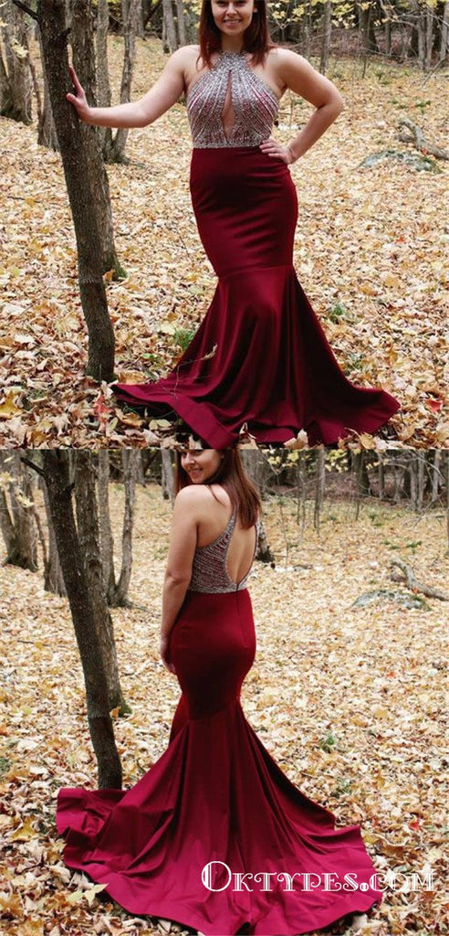 Halter Wine Red Long Beaded Prom Evening Dress with Open Back, TYP1719