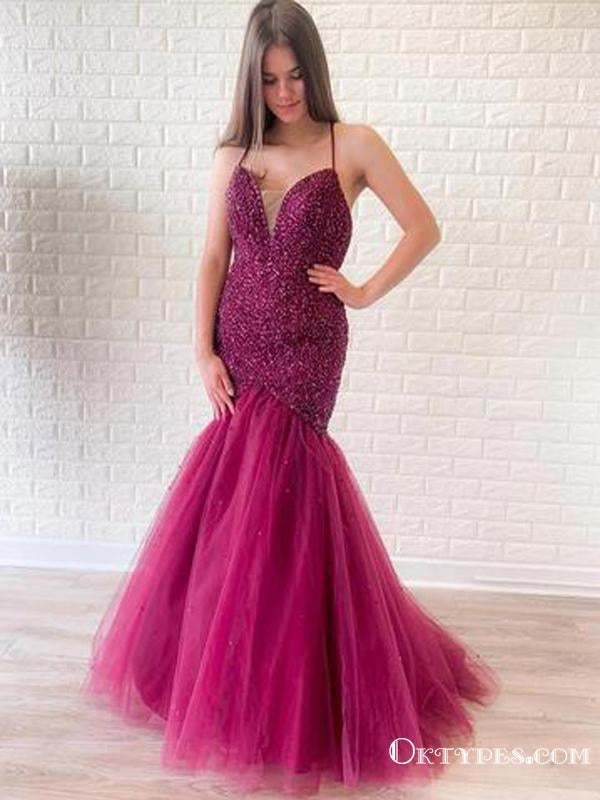 Elegant Spaghetti Straps Purple Tulle Mermaid Sexy Backless Beading Long Cheap Charming Prom Dresses, PDS0043