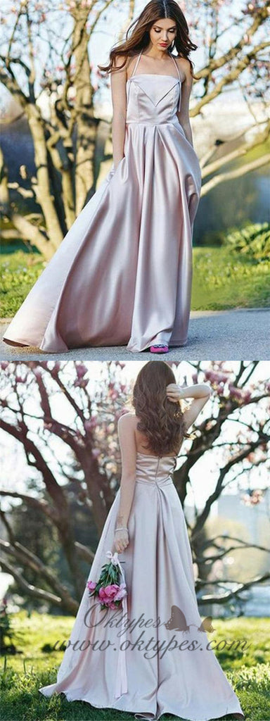 Simple Sexy Pink Halter Long Satin Prom Dresses with Pockets, TYP1604