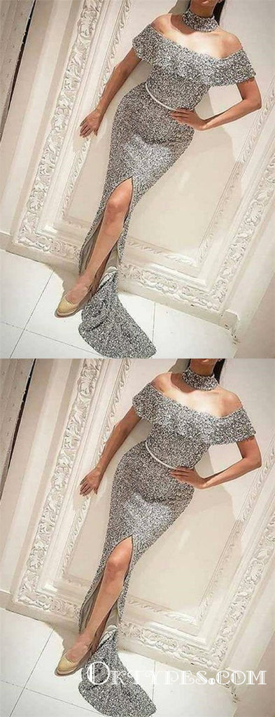 Sparkly Silver Sequin Off Shoulder Long Mermaid Prom Dresses, TYP1672