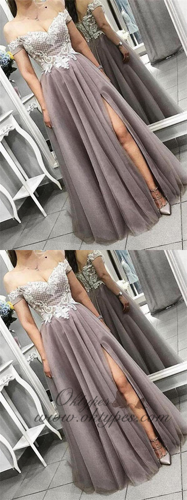 Dusty Purple Off the Shoulder Side Slit A Line Lace Tulle Prom Dresses, TYP1442