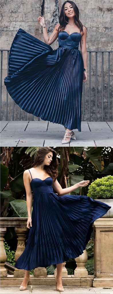 A-Line Spaghetti Straps Pleated Navy Blue Satin Prom Party Dresses Online, TYP1290