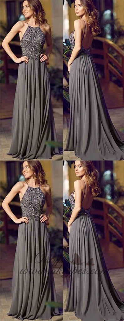A-Line Halter Sleeveless Long Cheap Backless Grey Chiffon Prom Dresses with Beading, TYP1291