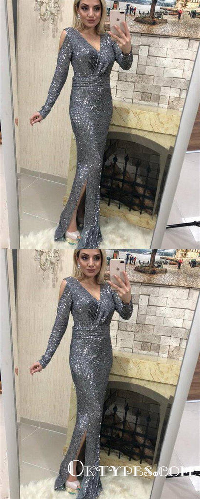 Sexy Sliver Sequin Long Sleeve V Neck Prom Dresses with Slit, TYP1843