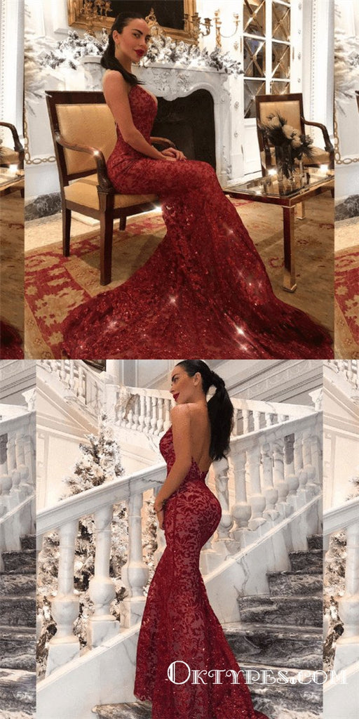 Red Spaghetti Strap Lace Sexy Mermaid Long Cheap Prom Dresses, TYP1785