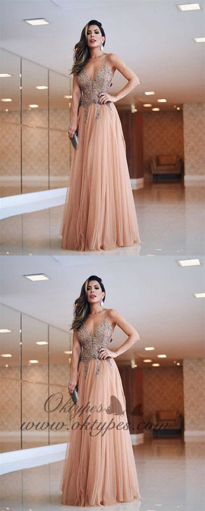 Spaghetti Strap Beaded Top Tulle Formal Long Evening Prom Dresses, TYP1396