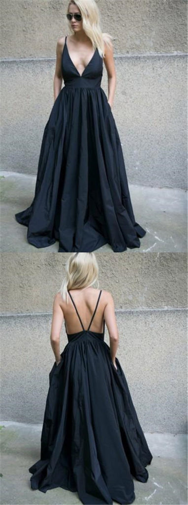 Black Lace Floor Length Open Back Prom Dresses, Sexy V-neck Prom Dresses, TYP0746