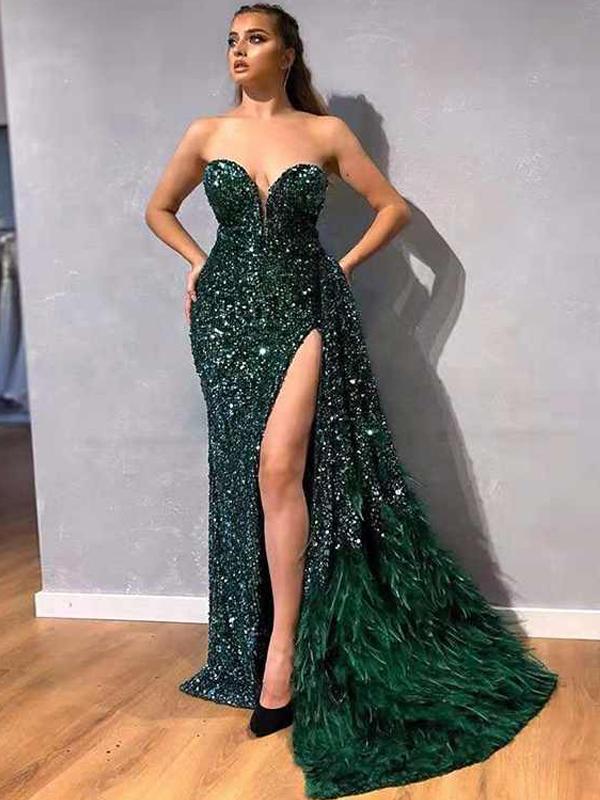 Sexy High Split Mermaid Emerald Green Sequin with Feathers Detachable Oktypes Sexy High Split Mermaid Emerald Green Sequin with Feathers Detachable Oktypes