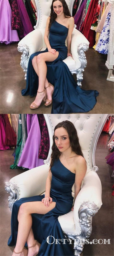 Simple One Shoulder Navy Blue Long Cheap Prom Dresses with Slit, TYP1715