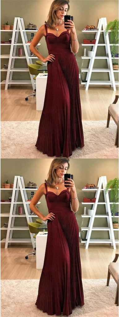 A-Line Spaghetti Straps Pleated Dark Red Satin Long Prom Dresses, TYP1882